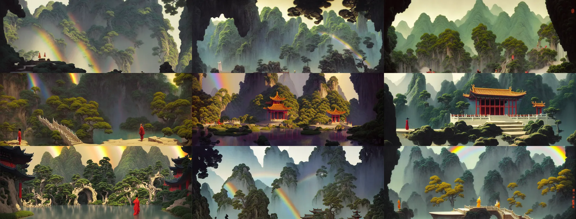 Image similar to a gorgeous landscape painting by barlowe wayne, maxfield parrish and marco mazzoni. chinese temple. just one rainbow, rainy mood!! sunny morning. a lonely chinese wuxia walks on the winding stone steps, stone gate to the dark cave, 3 d, octane render, turbulent lake, waterfall, fog, 8 k.