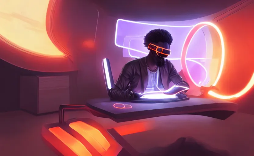 Image similar to handsome black genius hacking the metaverse, vr headset, holographic keyboard and curved digital holographic displays, luxury interior, electric orange glowing lights, highly detailed, digital painting, artstation, concept art, smooth, sharp focus, illustration, art by wlop, mars ravelo and greg rutkowski