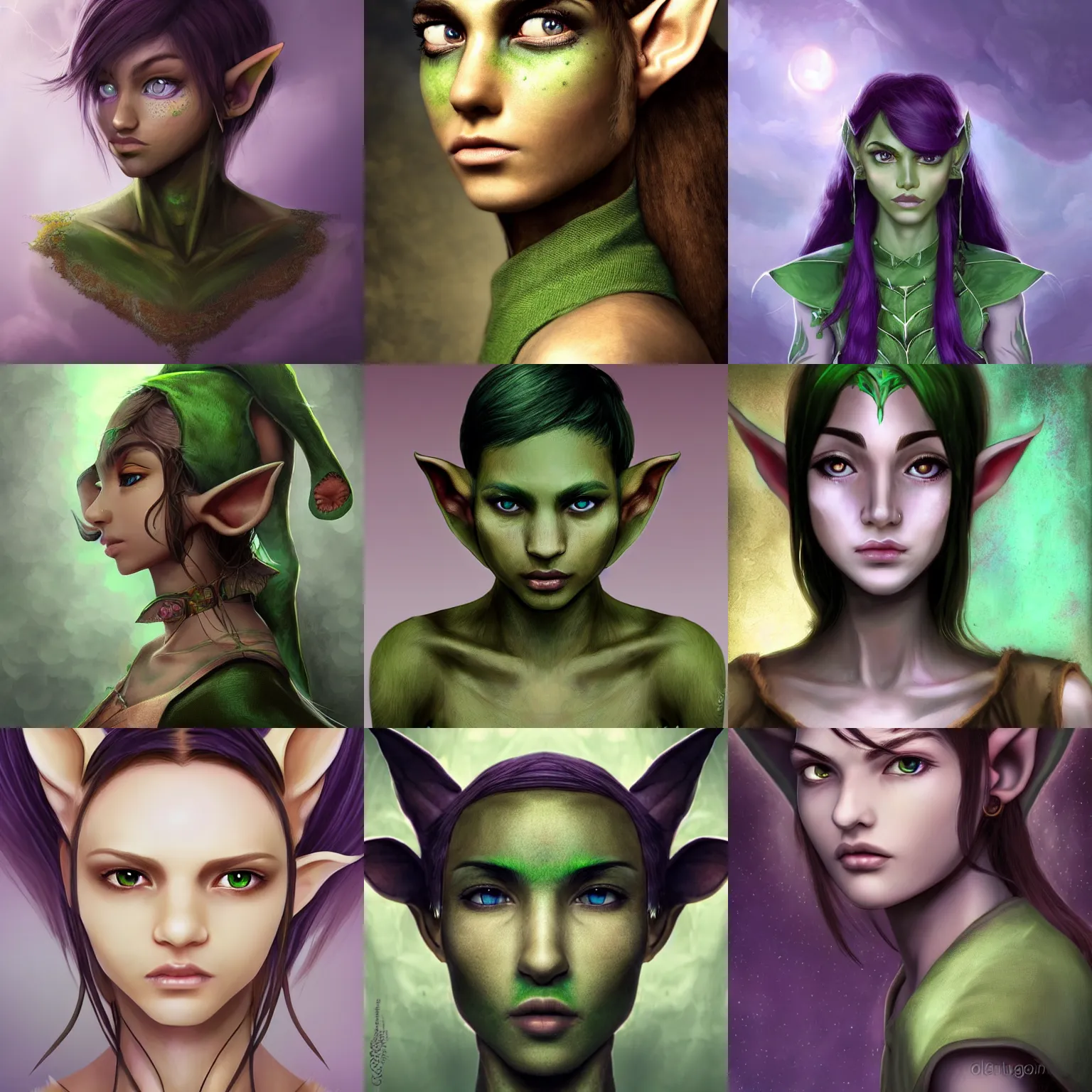 Prompt: a person with an earthy green skin tone and horizontal elf ears, digital art, incredible detail, perfect facial proportions, perfect lighting, fantasy / sci - fi, dark hair, purple eyes