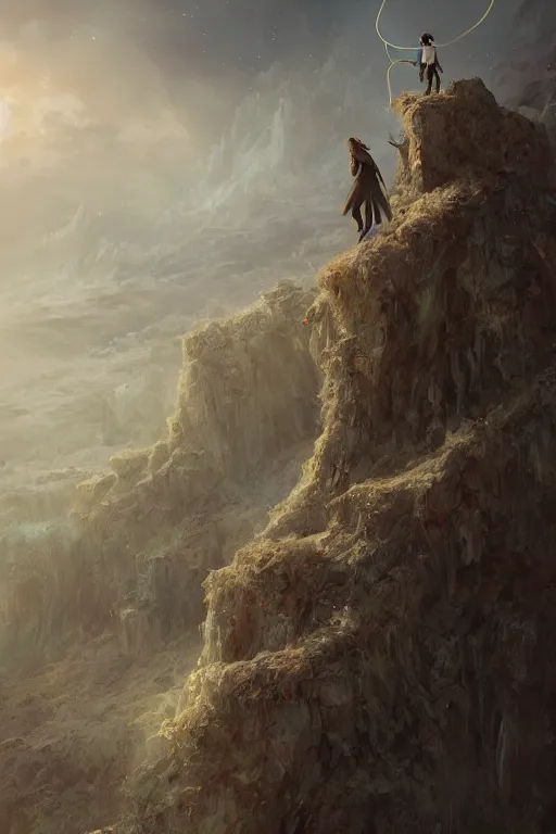 Image similar to profile view, a necromancer on a cliff with a staff casts a spell that reveals the secret of life the universe and everything, dirty linen robes, staff of bones, grizzled bearded withered man by jessica rossier and hr giger