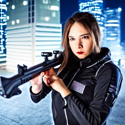 Image similar to photographic portrait of a techwear woman holding a shotgun, closeup, on the rooftop of a futuristic city at night, sigma 85mm f/1.4, 4k, depth of field, high resolution, 4k, 8k, hd, full color, Die Hard, movies with guns, movie firearms, face closeups