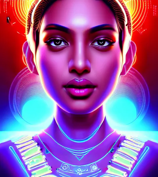 Image similar to symmetry!! indian princess of technology, solid cube of light, hard edges, product render retro - futuristic poster scifi, lasers and neon circuits, brown skin gorgeous indian princess, intricate, elegant, highly detailed, digital painting, artstation, concept art, smooth, sharp focus, illustration, dreamlike, art by artgerm