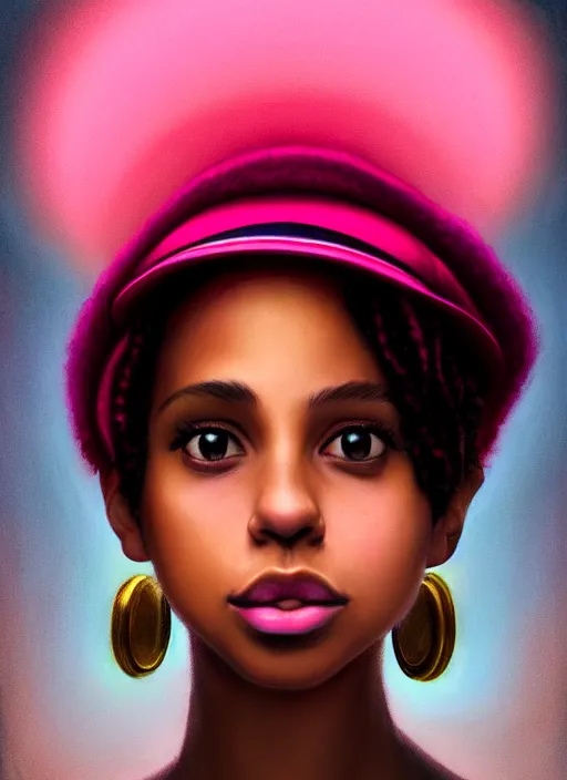 Image similar to portrait of teenage vanessa morgan with bright pink hair, black girl, vanessa morgan, curly pixie cut hair, wearing newsboy cap, newsboy cap, hoop earrings, intricate, elegant, glowing lights, highly detailed, digital painting, artstation, concept art, smooth, sharp focus, illustration, art by wlop, mars ravelo and greg rutkowski