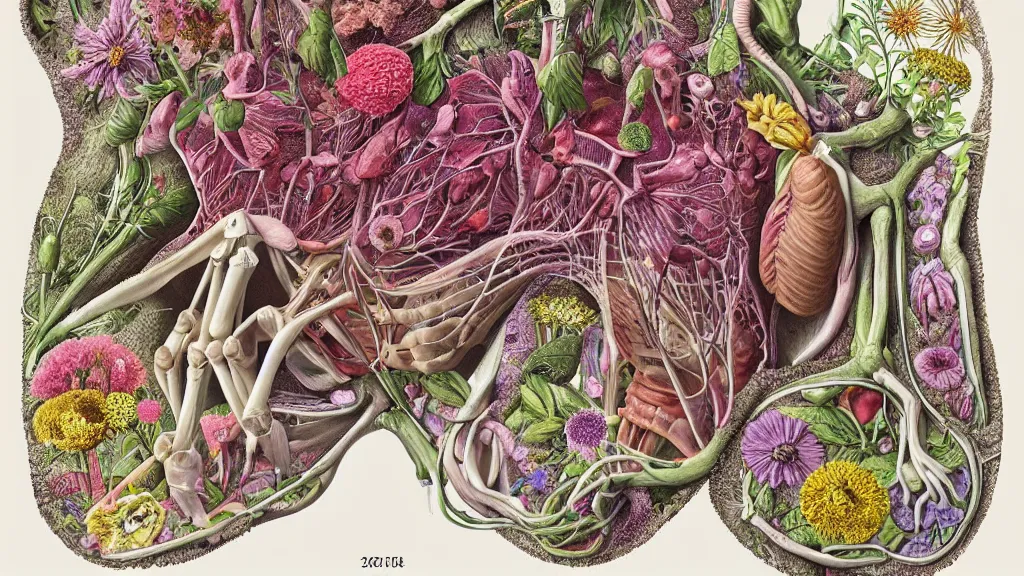 Image similar to highly detailed illustration of a human anatomy body exploded by all the known species of flowers by oliver vernon