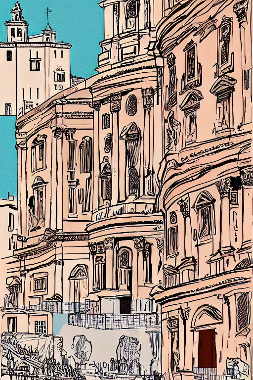 Prompt: rome, illustration, in the style of katinka reinke