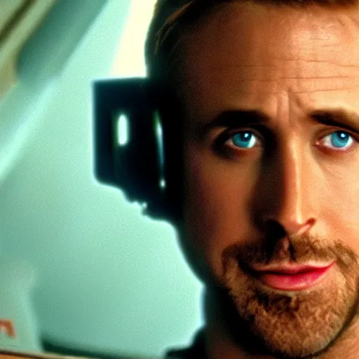 Prompt: Ryan Gosling sitting in X-wing cockpit still from A New Hope Star Wars screenshot head and shoulders mid distance 30mm