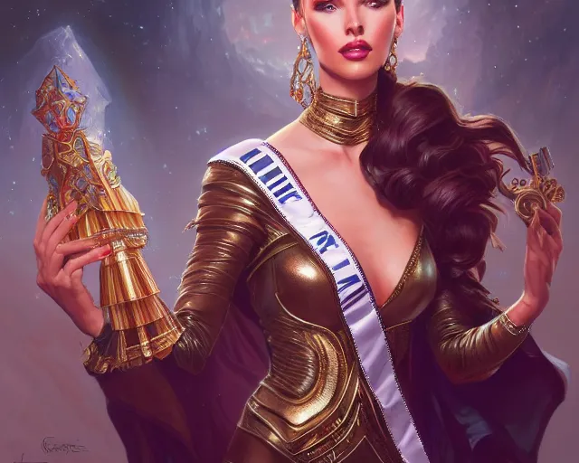 Image similar to lizkatz as miss universe, 8 k, deep focus, d & d, fantasy, intricate, elegant, highly detailed, digital painting, artstation, concept art, matte, sharp focus, illustration, hearthstone, art by artgerm and greg rutkowski and alphonse mucha