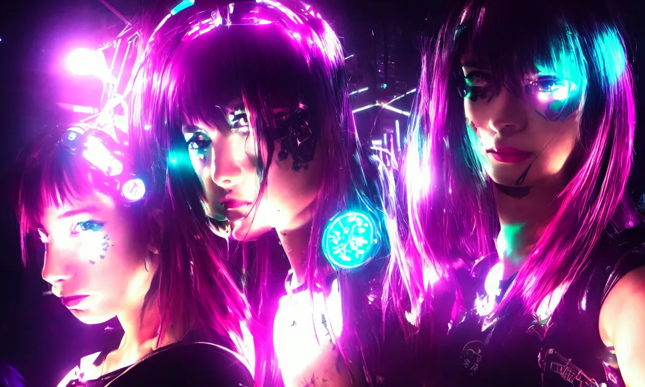 Image similar to neon cyberpunk sailor moon with arm tattoos, 1 / 4 headshot, cinematic lighting, dystopian scifi gear, gloomy, profile picture,