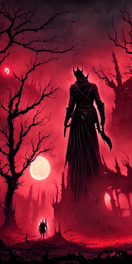 Image similar to abandoned bloodborne old valley with a person at the centre and a ruined city at the end, trees and stars in the background, falling red petals, epic red - orange moonlight, perfect lightning, illustration by niko delort and kentaro miura, 4 k, ultra realistic