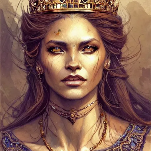 Prompt: highly detailed portrait of a majestic lioness queen depicted as a beautiful woman. d & d, art by anton pieck and greg rutkowski and magali villeneuve. trending on artstation, intricate details, energetic composition, golden ratio, concept art, illustration, elegant art