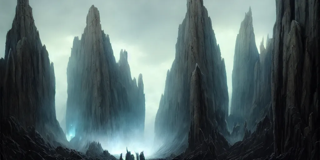 Prompt: the gates of argonath, dramatic lighting, colossal statues, by john howe, weta workshop, greg rutkowski, artgerm, ross tran, conrad roset, takato yomamoto. 4 k, beautiful, cinematic dramatic atmosphere, matte painting