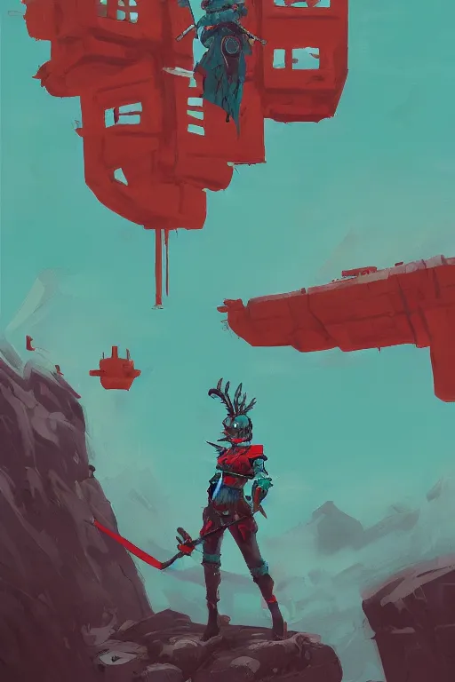 Image similar to female adventurer in tight full - body teal leather armor of japanese design with red accents and a white porcelain crow mask, trending in artstation, japanese, by simon stalenhag, establishing shot