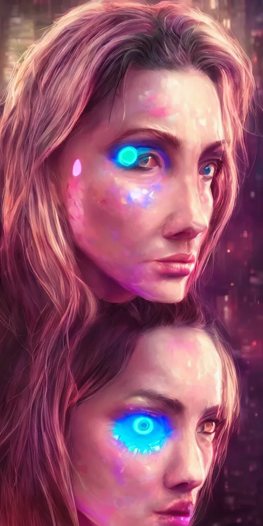 Image similar to A beautiful and detailed portrait of a middle-aged beautiful girl that has bright implants on her face and an angry-desperate look on her eyes. Red eyes trail, bokeh cyberpunk city background, artstation, violet-blue palette, vignette, by artgerm,