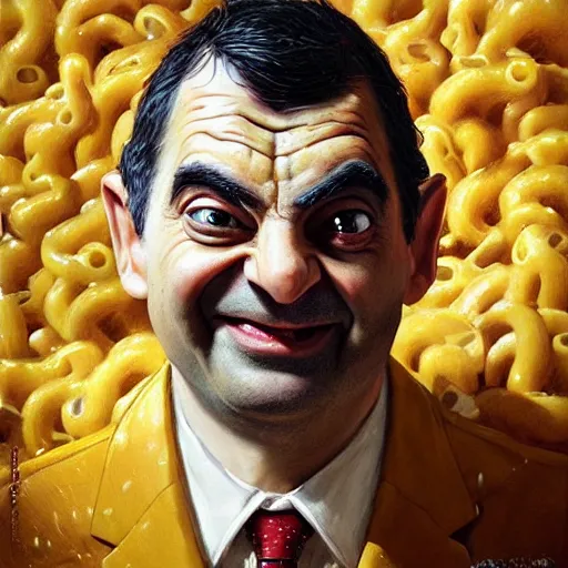 Image similar to hyper realistic, close up portrait of a derpy mr. bean, big chungus covered in wet mac and cheese by greg rutkowski, scott m fischer, artgerm, loish, slight glow, atmospheric