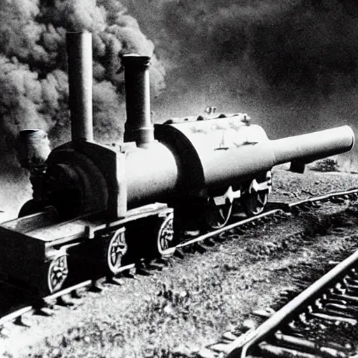 Image similar to WW2 era photograph of a rail artillery with a huge cannon pointed skyward and with Thomas the Tank Engine's face