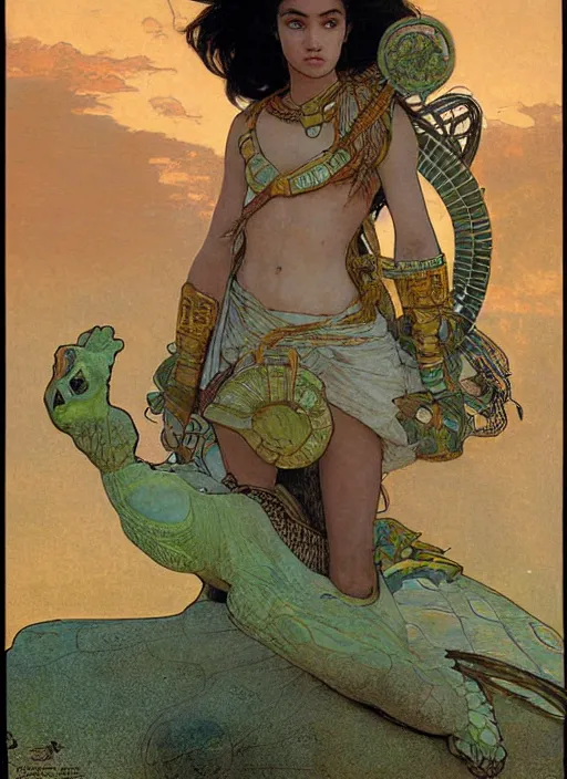 Image similar to a little warrior girl standing on top of one giant turtle in the desert. the girl has dark skin and beautiful green eyes, realistic full body and a very beautiful detailed symmetrical face with long black hair. diffuse light, dramatic sky and landscape, extreme long shot fantasy illustration by mucha