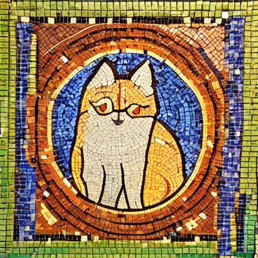 Prompt: a byzantine mosaic of a cute cat on a space station
