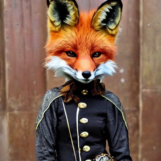 Prompt: a cute foxposing in a steampunk outfit