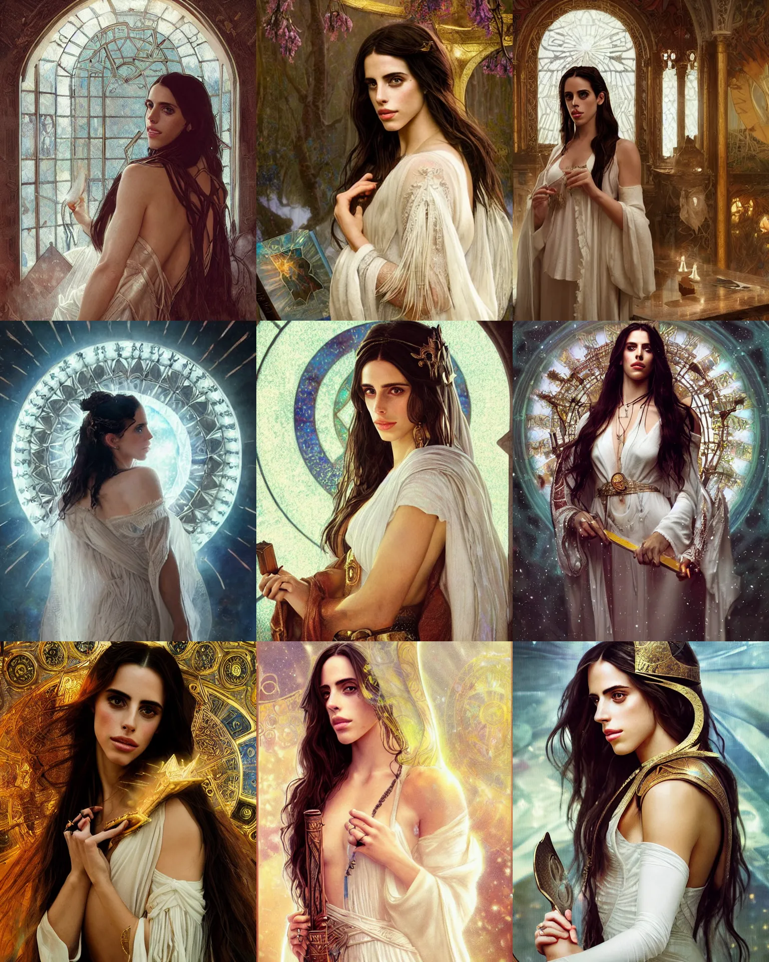 Prompt: portrait of jessica lowndes as a ffivx white mage, runes, jewelry, mystical, ethereal, magical library bokeh, painting by greg rutkowski and alphonse mucha