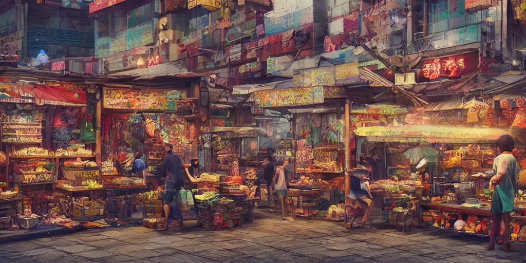 Prompt: an intricate concept art of asian street market, a makeshift stalls, hyper detail, ultra realistic, style by dylan cole and artgerm, trending in artstation, cgsociety, 8 k, octane render, high contrast, 3 d render