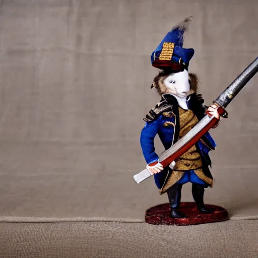 Prompt: Rat dressed in napoleonic war costume leaning on his musket.