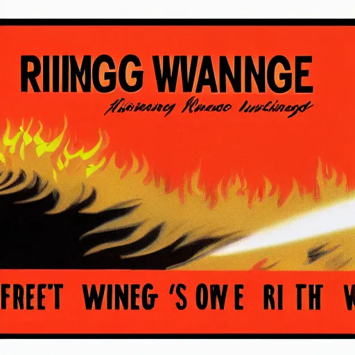 Prompt: vintage roaring windy fire flame warning label