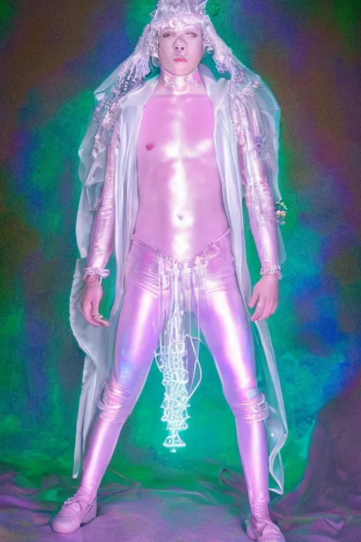 Image similar to full-body rococo and cyberpunk delicate neon crystalline sculpture of ((muscular albino prince Nick Jonas)) as an iridescent humanoid deity wearing a thin see-through ((plastic hooded cloak)) sim roupa (holding a human skull), reclining con (((las piernas abiertas))), glowing pink face, crown of (white lasers), large diamonds, swirling black silk fabric. futuristic elements. oozing glowing liquid, full-length view. space robots. intricate artwork by caravaggio. Trending on artstation, octane render, cinematic lighting from the right, hyper realism, octane render, 8k, depth of field, 3D