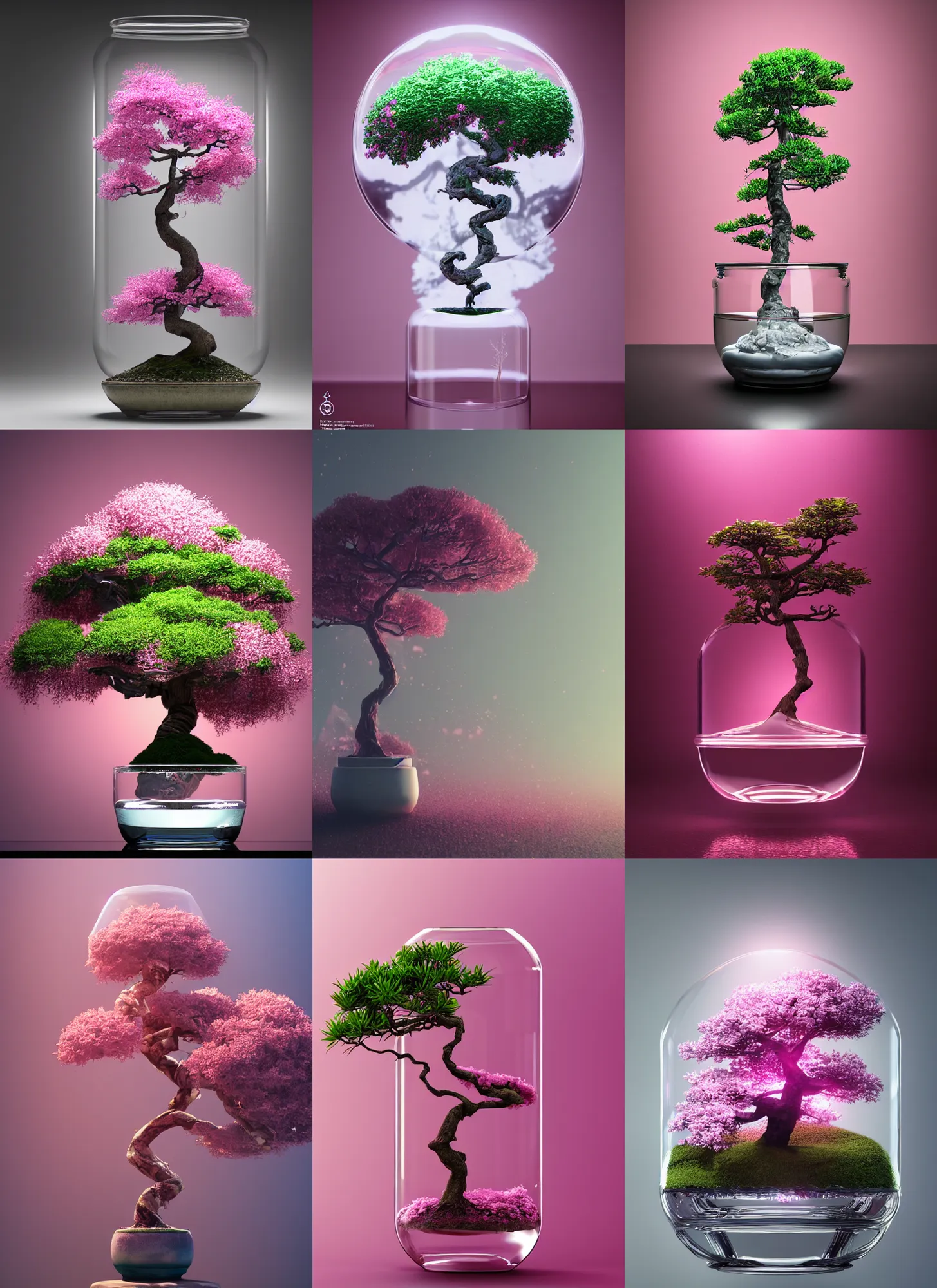 Prompt: a pink bonsai tree inside a glass jar, intricate detail, volumetric lighting, epic composition, hyper detailed, ultra realistic, sharp focus, octane render, volumetric, ray tracing, artstation trending, cgsociety, sense of awe, swirling mist, 4 k