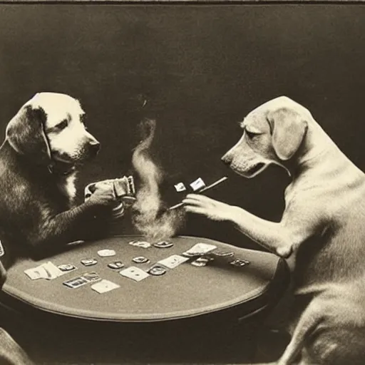 Image similar to “dogs playing poker and smoking, 1900’s photo”