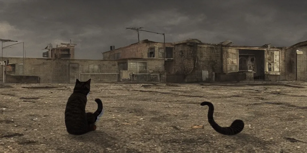 Prompt: a nuclear apocalypse with a lonely cat as the last survivor