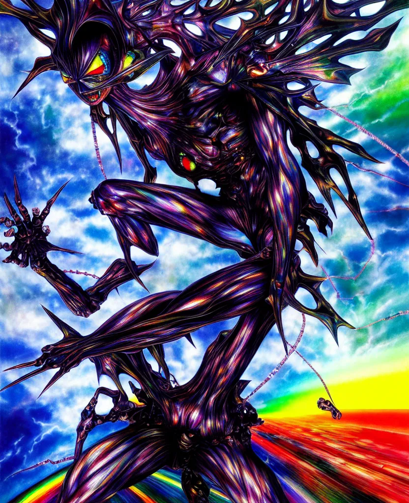 Prompt: realistic detailed image of ultra wrathful rainbow diamond iridescent mega neon genesis evangelion, depth perception, depth of field, action horror by ayami kojima, neo - gothic, gothic, part by adrian ghenie and gerhard richter. art by yoshitaka amano. masterpiece