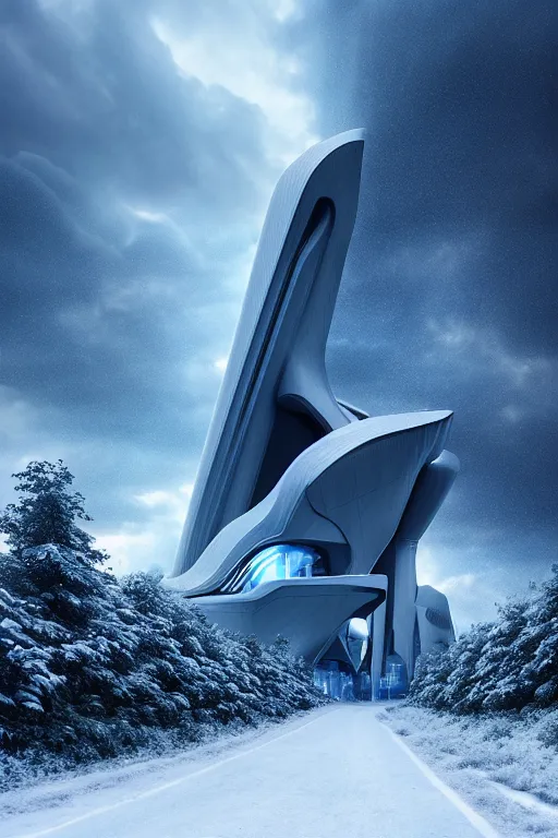 Image similar to a futuristic scene in front of a zaha hadid building in the forrest of the french alps in the style of chris moore, stormy weather, cinematic matte painting, extreme detail photo quality, soft colors, snowfall, featured on behance