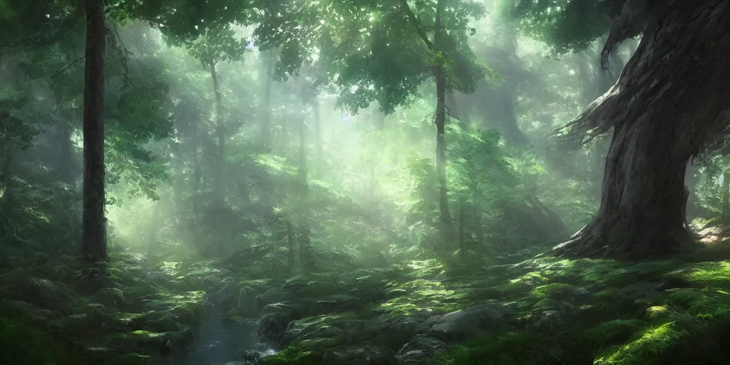 Image similar to a forest, cinematic angle, studio Ghibli, volumetric lighting, digital art, artstation, detailed oil painting, hyperrealistic, 8k