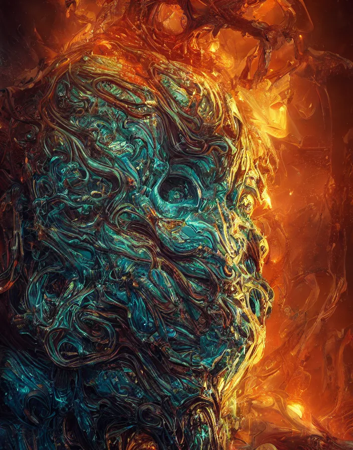 Image similar to horrific monster portrait. burning water distortions. intricate abstract. intricate artwork. by Tooth Wu, wlop, beeple, dan mumford. octane render, trending on artstation, greg rutkowski very coherent symmetrical artwork. cinematic, hyper realism, high detail, octane render, 8k, depth of field, bokeh. iridescent accents