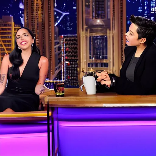 Image similar to lady gaga and aubrey plaza side eyeing each other during a late show interview