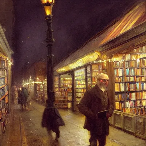 Prompt: Solomon Joseph Solomon and Richard Schmid and Jeremy Lipking victorian genre painting painting of an english 19th century english bookshop store front on a stone city streat with shops and stores at night with cozy lights