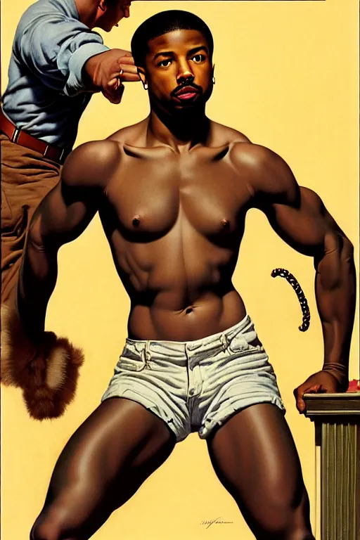 Image similar to michael b. jordan by gil elvgren and norman rockwell and rob gonsalves and hajime sorayama, hyperrealistic, high detail, ultra detailed, highly detailed face, ruffled fabric