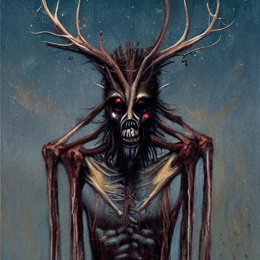 Prompt: an oil painting of wendigo by esao andrews. circa survive album cover art. dark. muted colors. gothic. oil painting with brush strokes. creepy.