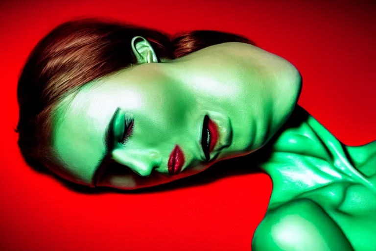 Image similar to hyperrealistic woman with melting body inside a red room roberto bernardi dramatic green lighting on one side wide angle 35mm shallow depth of field 8k