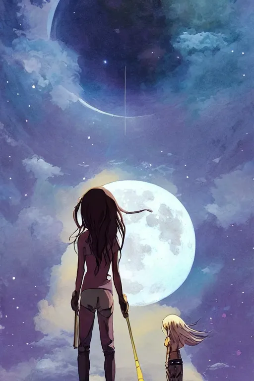 Image similar to a full moon containing the glimmering stairways to otherworldly galaxies, high intricate details, rule of thirds, golden ratio, cinematic light, anime style, graphic novel by fiona staples and dustin nguyen, by beaststars and orange, peter elson, alan bean, studio ghibli, makoto shinkai