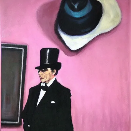 Image similar to in an art gallery, there is a huge painting of an elephant by marlene dumas. a man in a top hat and a suit is looking up at the painting. cgsociety, surrealism, surrealist, dystopian art, purple color scheme