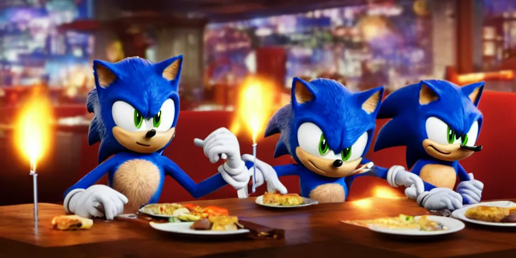 Prompt: A render of Sonic the Hedgehog sitting across from Shadow the Hedgehog in a dark restaurant, Sonic looks like he is shocked, Shadow is looking away in disgust, they both have hamburgers in front of them on a plate, movie, HDR, moody lighting, unique camera angle from the end of the table and between the two of them, orange candle lighting is glowing on their faces, romantic scene