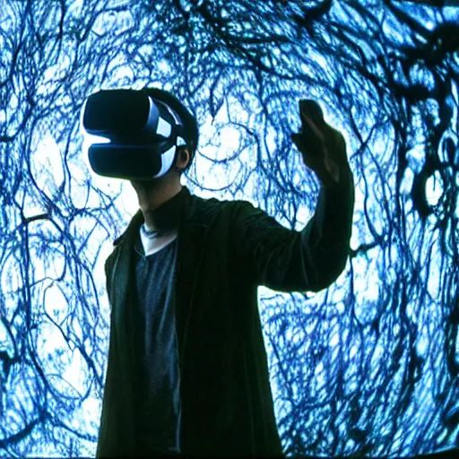 Prompt: a lucid dream of hyphae spirit with virtual reality headset inside energy portals oprned to reality, lucasfilm, roger ebert, strange days