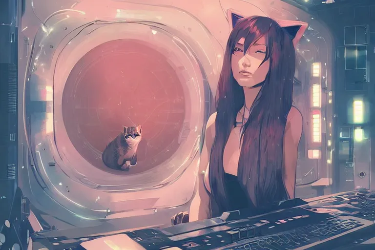 Prompt: neko woman with cat ears in a space ship control room, futuristic, digital art, by conrad roset, by yoshitaka amano, by greg rutkowski, concept art, beautiful face, 4 k, vector art