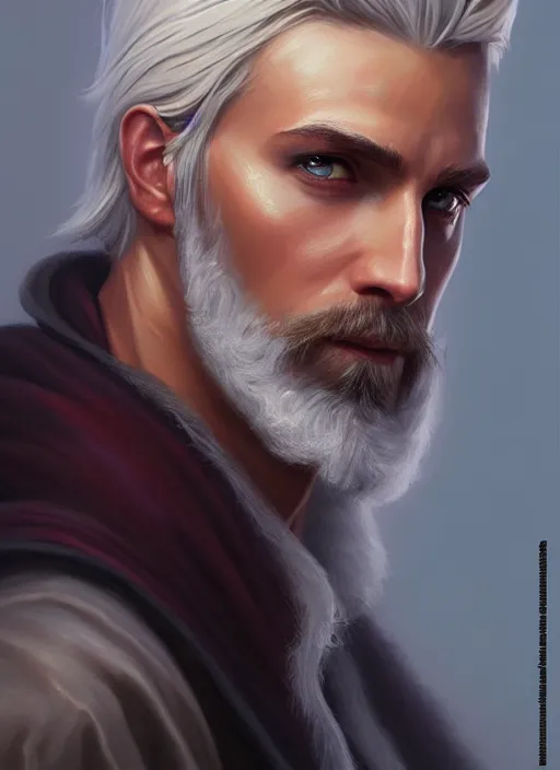 Image similar to a _ fantasy _ style _ portrait _ painting _ of wizard male, medium dark blonde pulled back side part and blonde stubble, rpg dnd oil _ painting _ unreal _ 5 _ daz. _ rpg _ portrait _ extremely _ detailed _ artgerm _ greg _ rutkowski _ greg