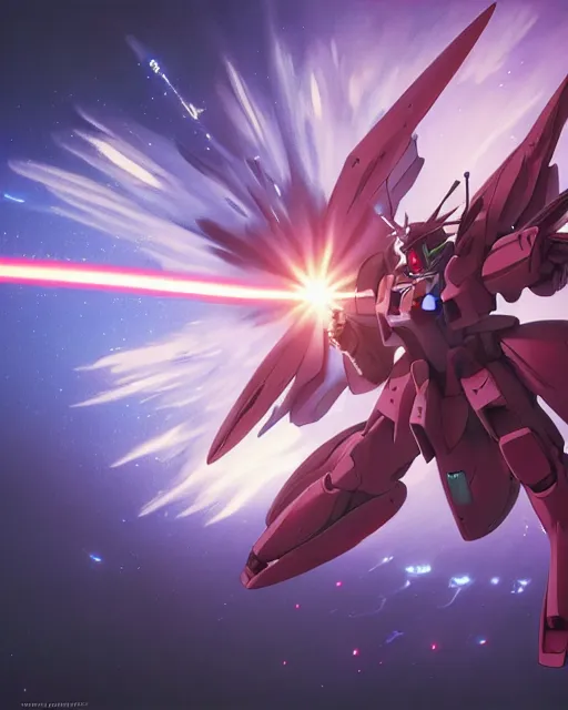 Image similar to highly detailed vfx portrait of a gundam with wings of feathers beam saber fighting in space with a beam gun, unreal engine, greg rutkowski, loish, rhads, beeple, makoto shinkai and lois van baarle, ilya kuvshinov, rossdraws, tom bagshaw, alphonse mucha, global illumination, detailed and intricate environment