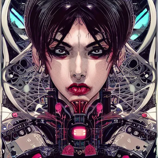 Image similar to portrait of crazy seductive cyberpunk woman, symmetrical, by yoichi hatakenaka, masamune shirow, josan gonzales and dan mumford, ayami kojima, takato yamamoto, barclay shaw, karol bak, yukito kishiro