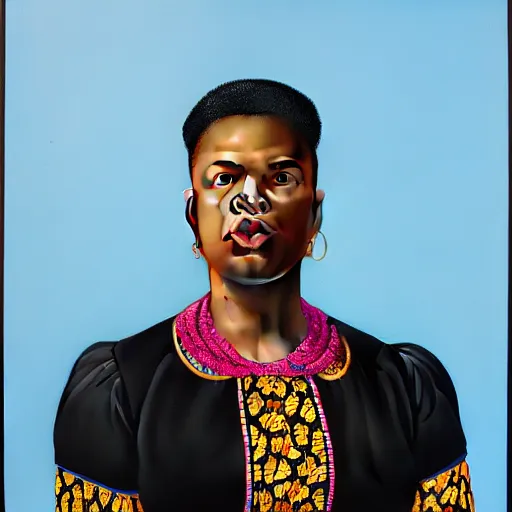 Image similar to A portrait of a thick powerful and pretty non-binary person, oil painting by Kehinde Wiley, majestic, detailed, high resolution