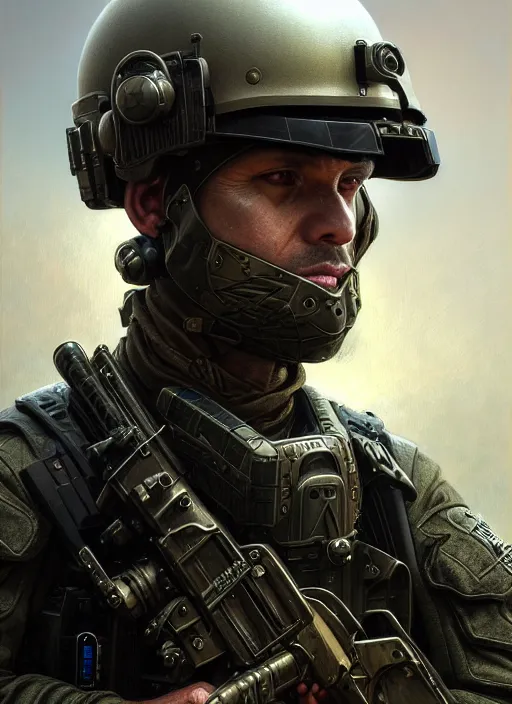 Prompt: closeup portrait shot of a swat team soldier in a scenic dystopian environment, intricate, elegant, highly detailed, centered, digital painting, artstation, concept art, smooth, sharp focus, illustration, artgerm, tomasz alen kopera, peter mohrbacher, donato giancola, joseph christian leyendecker, wlop, boris vallejo