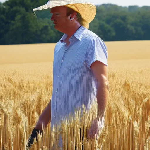 Image similar to a magazine photo of Donald Trump wearing a sundress and straw hat, walking through a field of wheat” three quarter portrait